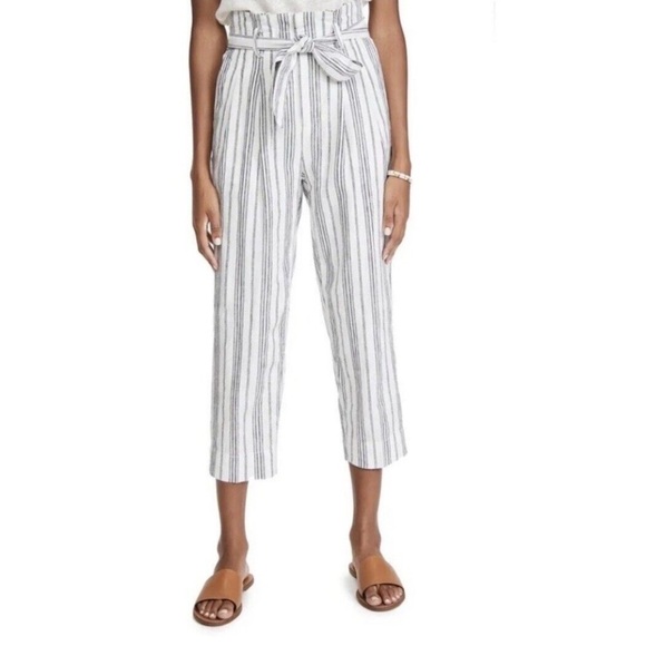 MADEWELL Linen Paperbag Pants White Cotton Dark Baltic Stripe AN839 Size 6 - Picture 2 of 16